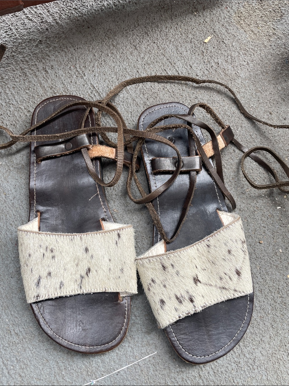 Women's Cream Haircalf & Brown Leather Lace-Up Sandals